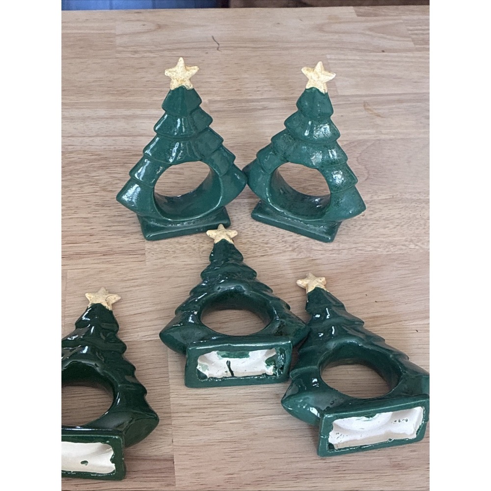 5 vintage Ceramic Christmas Tree Napkin Holders Napkin Rings / Holiday Blow Mold
